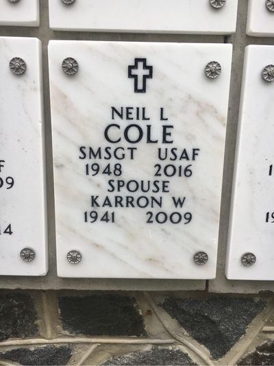 Columbarium Niche Cover of Neil Llewellyn Cole. Arlington National Cemetery.