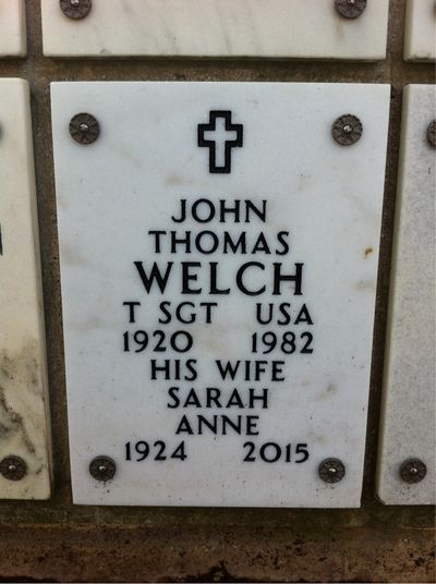 Columbarium Niche Cover of John Welch. Arlington National Cemetery.