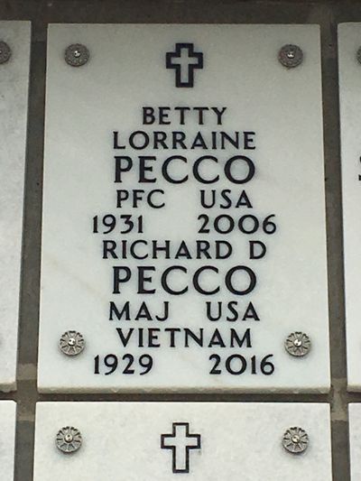 Columbarium Niche Cover of Betty Lorraine Pecco. Arlington National Cemetery.