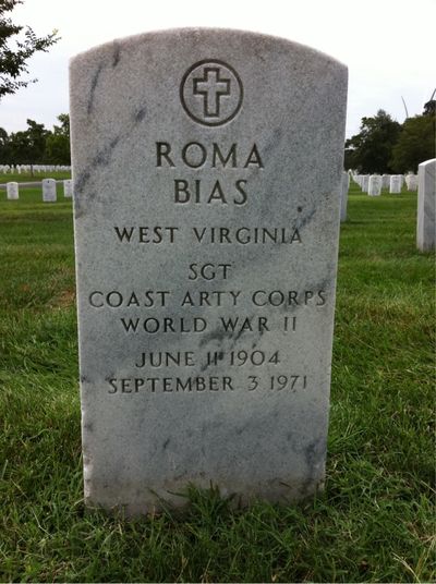Headstone Front of Roma Bias. Arlington National Cemetery.