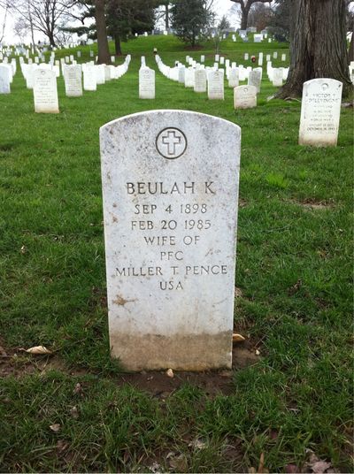 Headstone Front of Beulah Pence. Arlington National Cemetery.