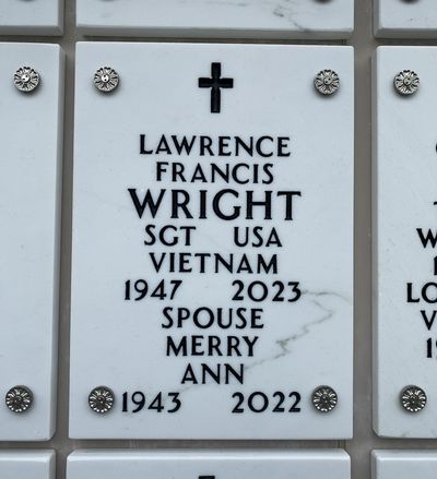 Columbarium Niche Cover of Lawrence Francis Wright. Arlington National Cemetery.