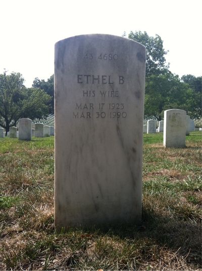 Headstone Back of Ethel Toms. Arlington National Cemetery.