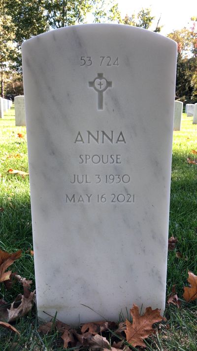 Headstone Back of Anna Rush. Arlington National Cemetery.