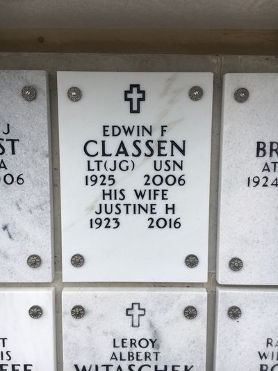 Columbarium Niche Cover of Edwin Classen. Arlington National Cemetery.