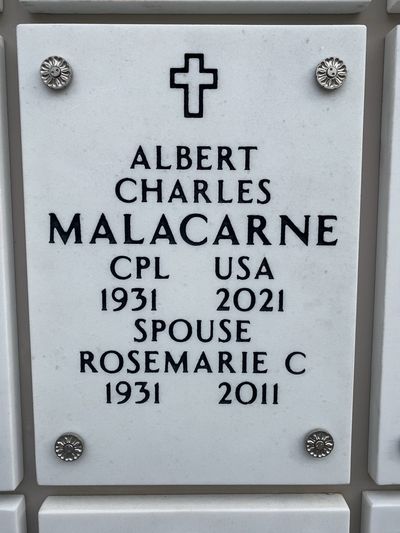 Columbarium Niche Cover of Albert Malacarne. Arlington National Cemetery.