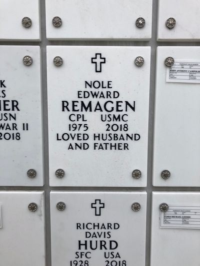 Columbarium Niche Cover of Nole Edward Remagen. Arlington National Cemetery.