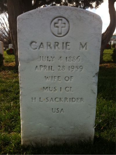 Headstone Front of Carrie Sackrider. Arlington National Cemetery.