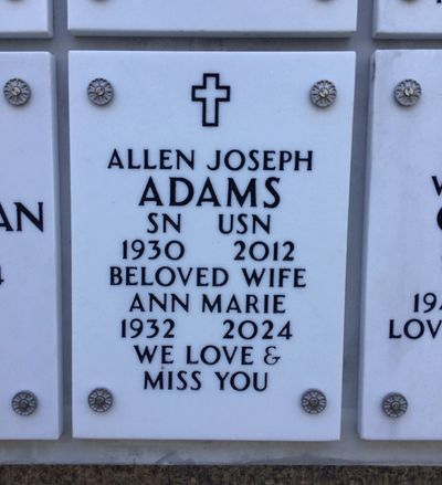 Columbarium Niche Cover of Allen Joseph Adams. Arlington National Cemetery.