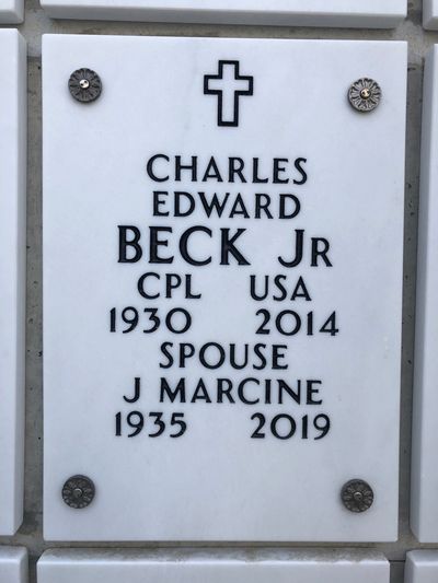 Columbarium Niche Cover of Charles Edward Beck. Arlington National Cemetery.