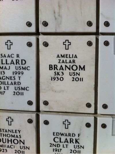 Headstone Front of Amelia Branom. Arlington National Cemetery.