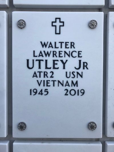 Columbarium Niche Cover of Walter Lawrence Utley. Arlington National Cemetery.