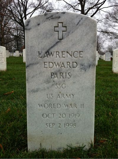 Headstone Front of Lawrence E Paris. Arlington National Cemetery.