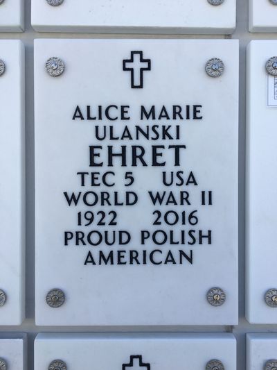 Columbarium Niche Cover of Alice M Ehret. Arlington National Cemetery.