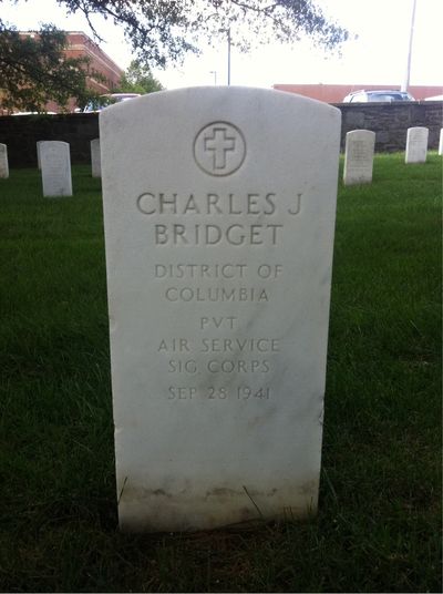 Headstone Front of Charles Bridget. Arlington National Cemetery.